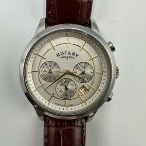 Rotary Chronograph Watch Men Silver Tone Date Brown Leather Band 42MM Works 9.5"